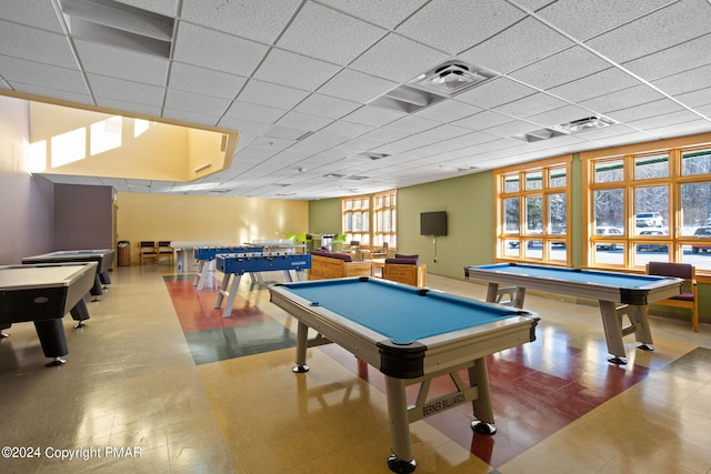 recreation room with pool table, visible vents, and a drop ceiling