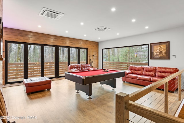 game room with visible vents, recessed lighting, pool table, and wood finished floors