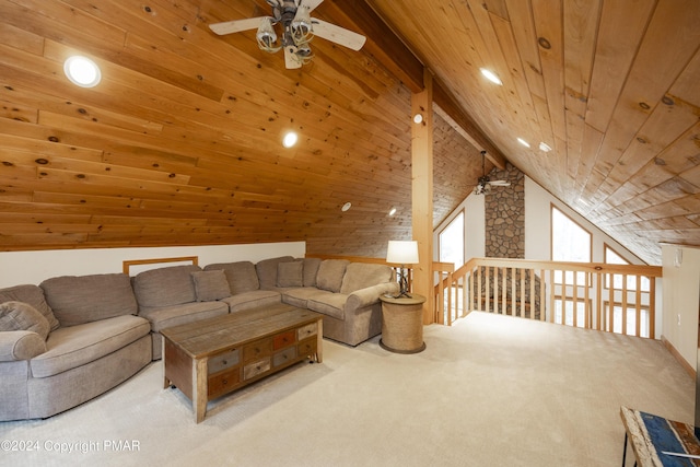 1212 Acacia Dr, Hawley, PA 18428 - living room with ceiling fan, lofted ceiling, carpet flooring, recessed lighting, and wooden ceiling