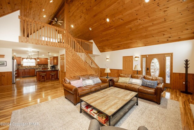 1212 Acacia Dr, Hawley, PA 18428 - living area with a wealth of natural light, a wainscoted wall, wood walls, and wood ceiling