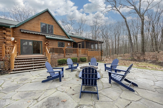 1212 Acacia Dr, Hawley, PA 18428 - view of patio featuring a fire pit and a wooden deck