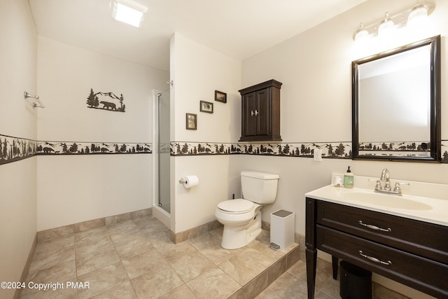 1212 Acacia Dr, Hawley, PA 18428 - bathroom featuring vanity, baseboards, a stall shower, tile patterned floors, and toilet
