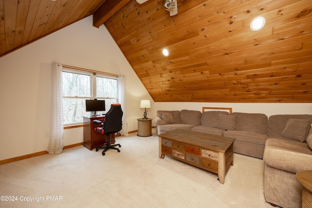 1212 Acacia Dr, Hawley, PA 18428 - office area featuring baseboards, carpet floors, wood ceiling, and vaulted ceiling with beams