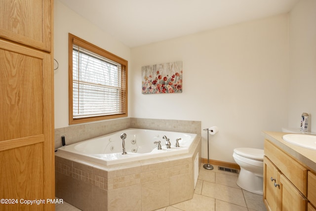 1212 Acacia Dr, Hawley, PA 18428 - full bathroom with tile patterned floors, visible vents, toilet, a whirlpool tub, and vanity