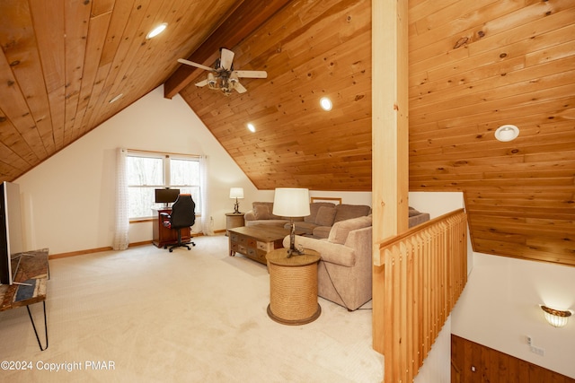 1212 Acacia Dr, Hawley, PA 18428 - sitting room with a ceiling fan, baseboards, carpet floors, lofted ceiling with beams, and wood ceiling
