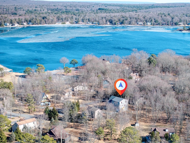 birds eye view of property featuring a water view and a wooded view