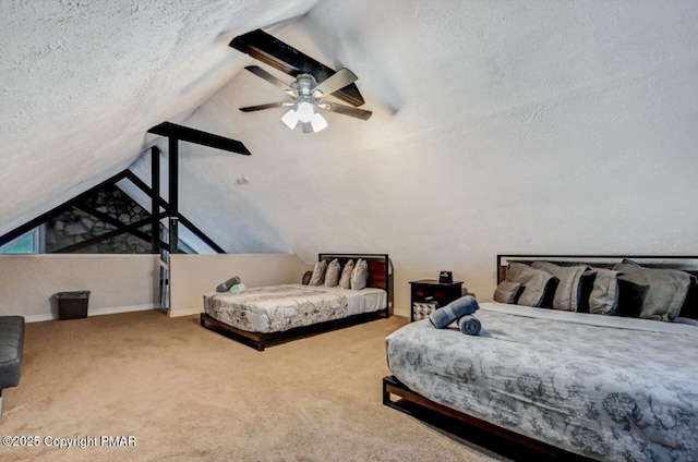 carpeted bedroom featuring lofted ceiling, ceiling fan, and a textured ceiling