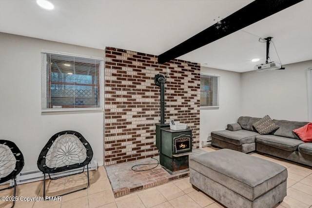 tiled living room with beamed ceiling and a wood stove