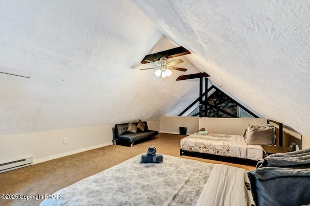 interior space featuring vaulted ceiling, a textured ceiling, and a baseboard radiator