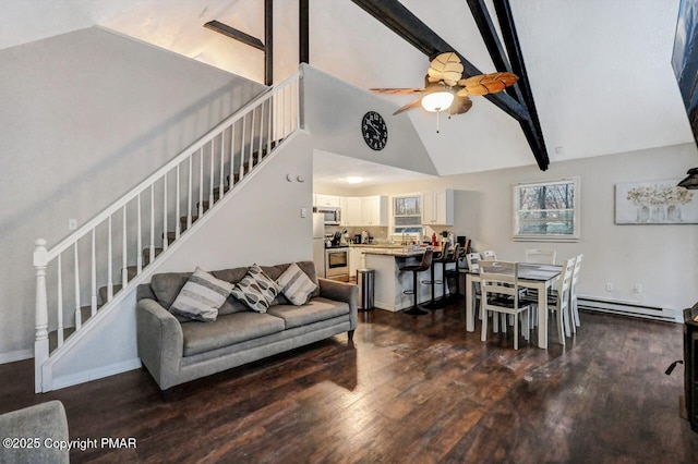 living room featuring high vaulted ceiling, beamed ceiling, a baseboard radiator, ceiling fan, and dark wood-type flooring