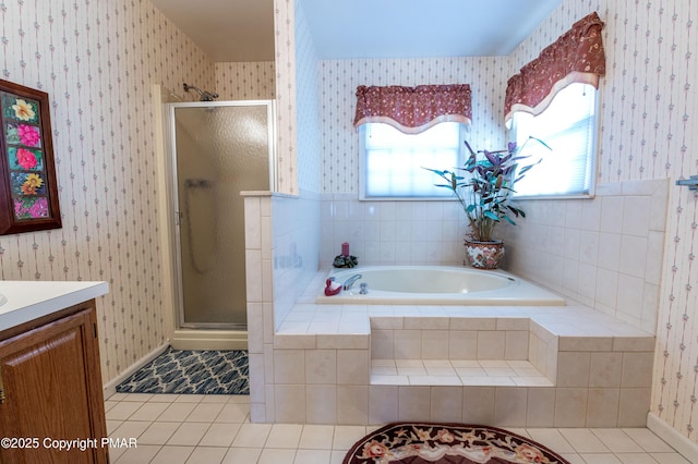 bathroom featuring a shower stall, tile patterned flooring, vanity, and wallpapered walls