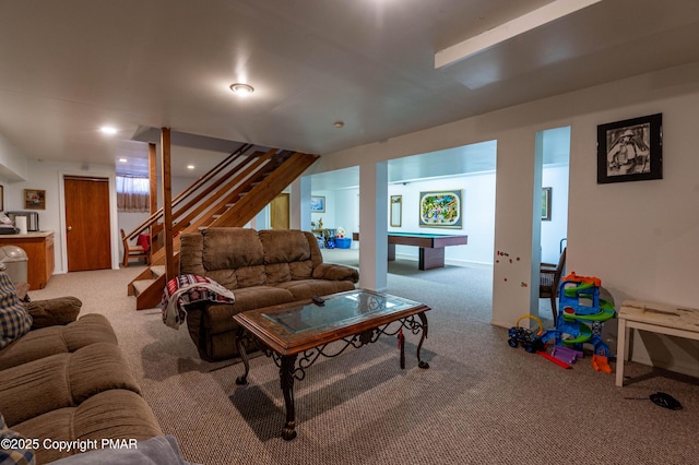 living area with light carpet, billiards, and stairs