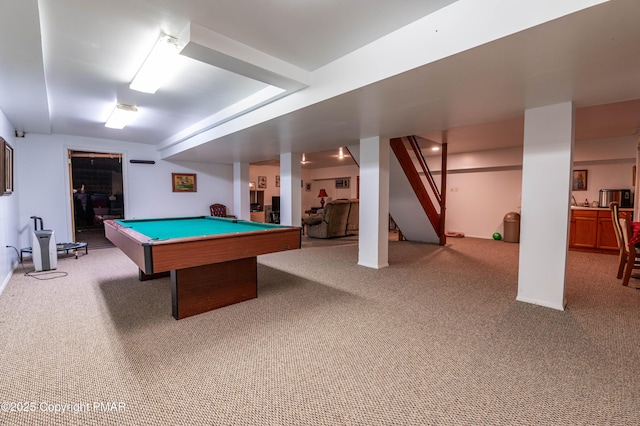 rec room with carpet floors and billiards