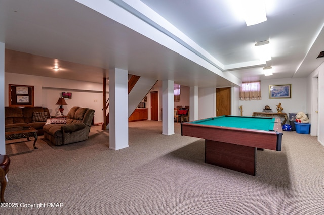 rec room featuring billiards and carpet flooring