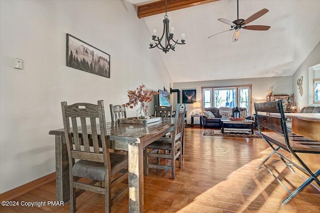 dining area with high vaulted ceiling, beamed ceiling, baseboards, and wood finished floors