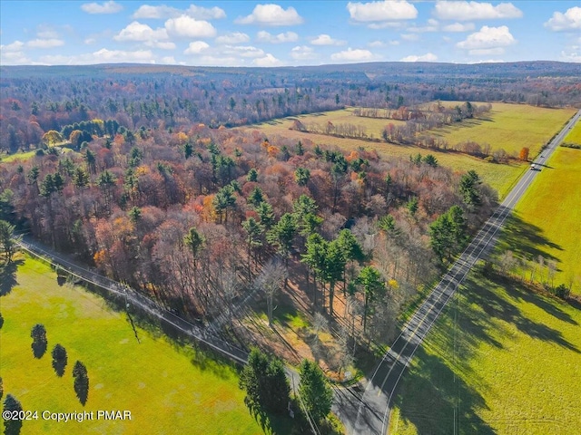 aerial view featuring a wooded view