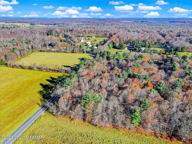 bird's eye view featuring a rural view and a view of trees