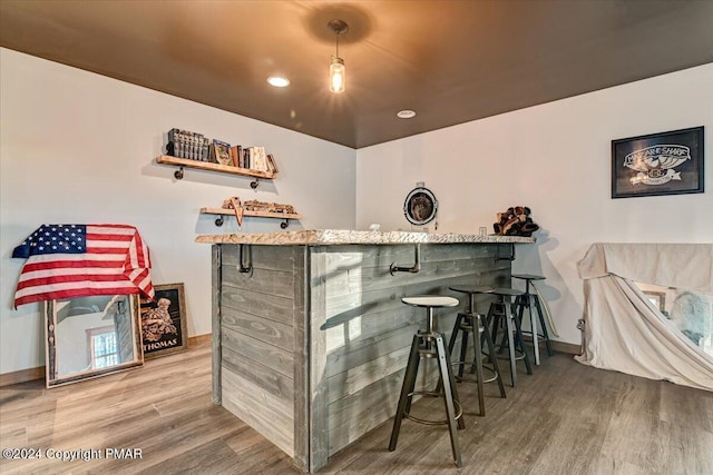 bar featuring baseboards, a dry bar, and wood finished floors