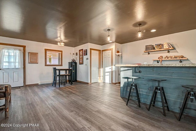 bar featuring a dry bar, baseboards, and wood finished floors