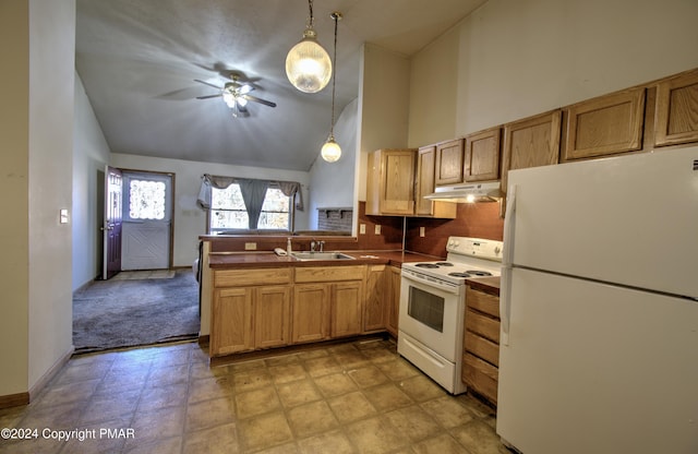 kitchen featuring high vaulted ceiling, under cabinet range hood, a peninsula, white appliances, and a sink