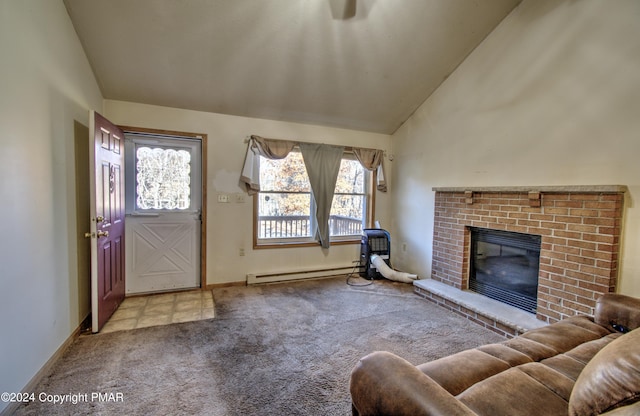 unfurnished living room with lofted ceiling, a baseboard radiator, a fireplace, carpet flooring, and baseboards