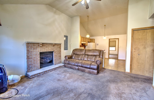 carpeted living room with ceiling fan, high vaulted ceiling, tile patterned flooring, a fireplace, and electric panel