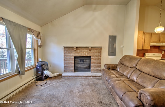 living area with carpet floors, a fireplace, a baseboard heating unit, high vaulted ceiling, and electric panel