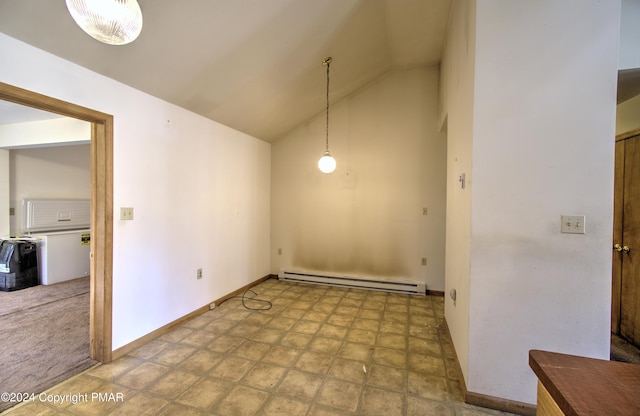 unfurnished dining area featuring vaulted ceiling, baseboards, baseboard heating, and tile patterned floors