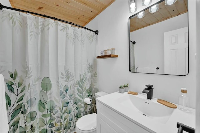 full bathroom with wood ceiling, a shower with shower curtain, vanity, and toilet