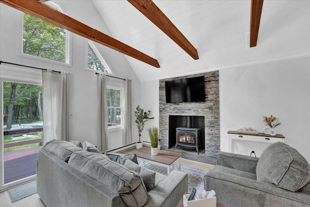 living room with beam ceiling, baseboard heating, a wood stove, wood finished floors, and high vaulted ceiling