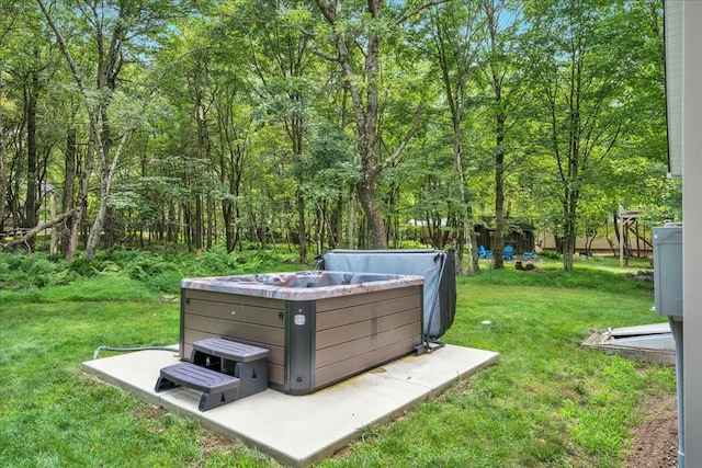 view of yard with a hot tub