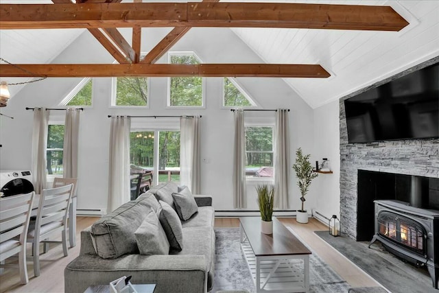 living room featuring vaulted ceiling with beams, a wood stove, baseboard heating, and light wood-style flooring