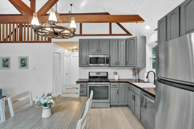 kitchen with tasteful backsplash, dark countertops, stainless steel appliances, gray cabinetry, and a sink