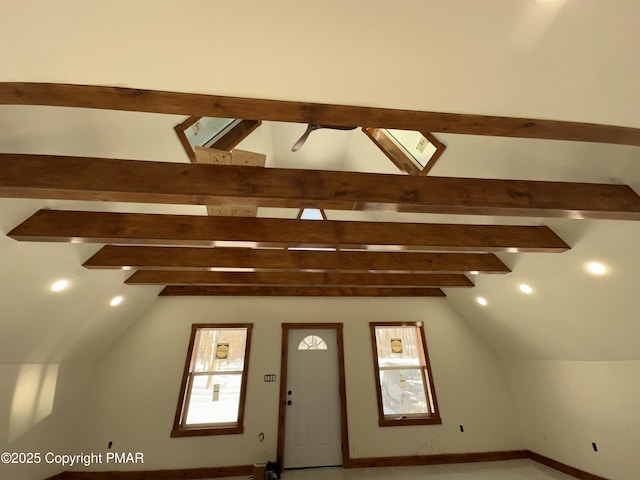 additional living space with vaulted ceiling with beams and recessed lighting