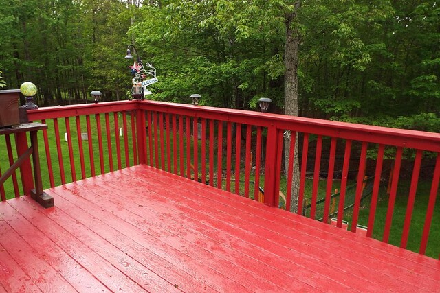 115 Gap View Rd, Milford, PA 18337 - wooden terrace featuring a forest view and a lawn