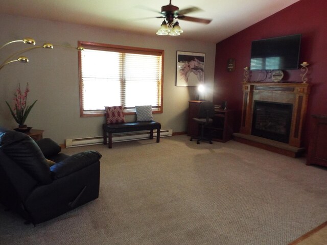 115 Gap View Rd, Milford, PA 18337 - living area featuring vaulted ceiling, a fireplace with raised hearth, light colored carpet, a ceiling fan, and a baseboard heating unit