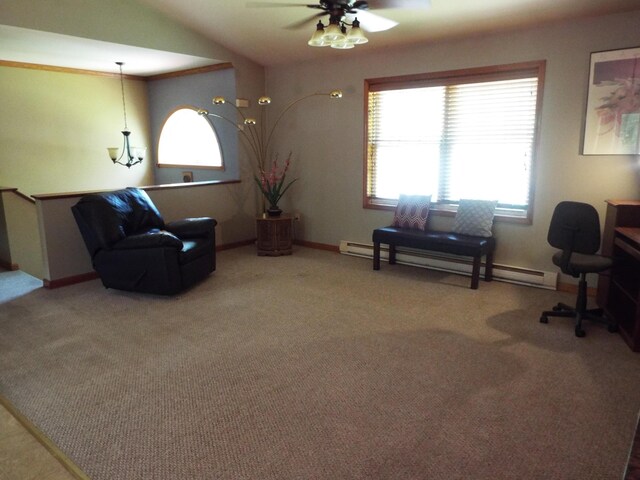 115 Gap View Rd, Milford, PA 18337 - sitting room with a baseboard radiator, ceiling fan, vaulted ceiling, and carpet flooring
