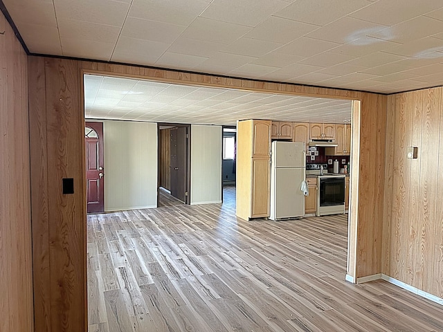 unfurnished living room featuring wooden walls, baseboards, and light wood finished floors