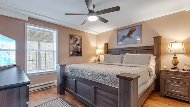 bedroom with light wood-type flooring, a ceiling fan, and a baseboard radiator