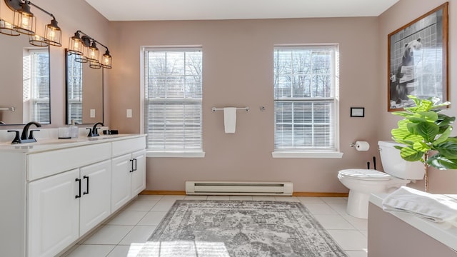 bathroom with tile patterned flooring, toilet, baseboards, and baseboard heating