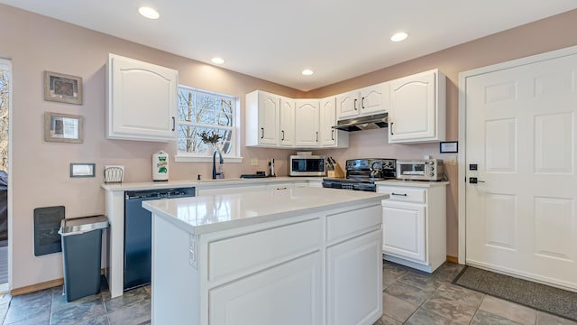 kitchen featuring electric range, a sink, under cabinet range hood, dishwasher, and stainless steel microwave