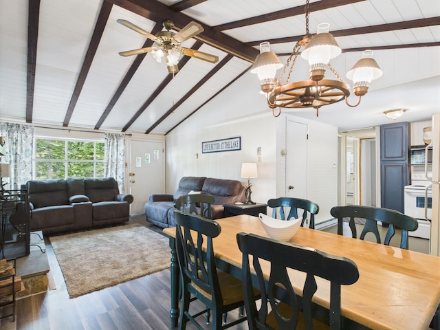 105 Buffalo Trl, Pocono Lake, PA 18347 - dining room featuring dark wood-type flooring, a chandelier, a ceiling fan, and wood ceiling