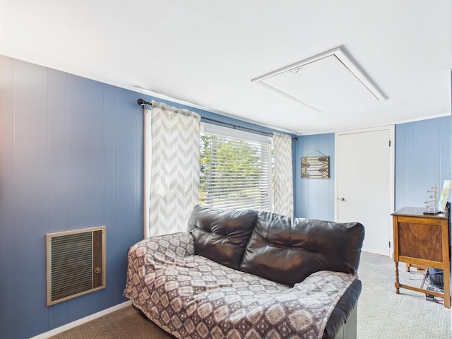 105 Buffalo Trl, Pocono Lake, PA 18347 - living area featuring carpet, a decorative wall, heating unit, and attic access