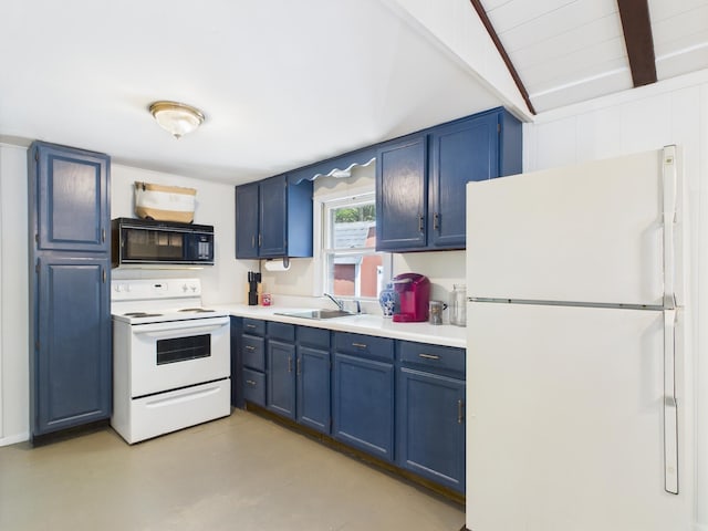105 Buffalo Trl, Pocono Lake, PA 18347 - kitchen featuring white appliances, blue cabinets, a sink, and light countertops