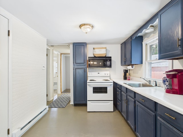 105 Buffalo Trl, Pocono Lake, PA 18347 - kitchen featuring black microwave, white electric range, a baseboard heating unit, a sink, and light countertops