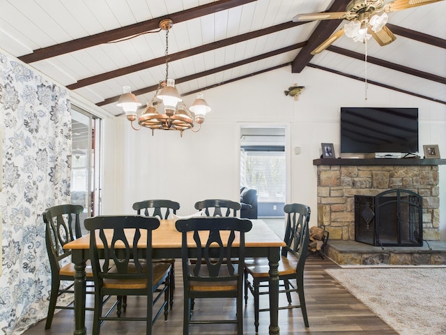 105 Buffalo Trl, Pocono Lake, PA 18347 - dining space with ceiling fan, wood finished floors, wood ceiling, a stone fireplace, and a chandelier