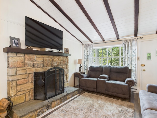 105 Buffalo Trl, Pocono Lake, PA 18347 - living room featuring wood finished floors, a fireplace, wood ceiling, and a baseboard heating unit