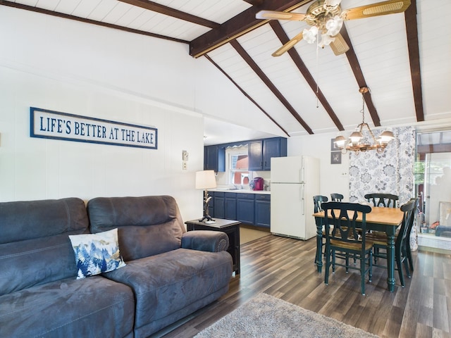 105 Buffalo Trl, Pocono Lake, PA 18347 - living room with a chandelier, a ceiling fan, dark wood-style flooring, healthy amount of natural light, and wooden ceiling with exposed beams