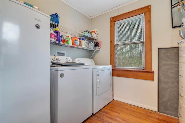 253 Thomas Rd, Blakeslee, PA 18610 - laundry room featuring washing machine and dryer, ornamental molding, light wood-type flooring, and baseboards