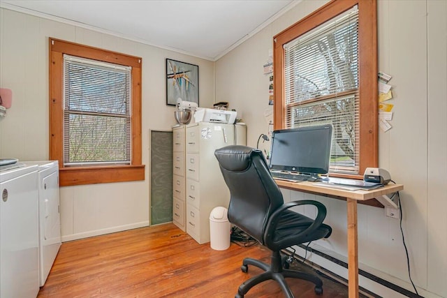 253 Thomas Rd, Blakeslee, PA 18610 - office area featuring crown molding, wood finished floors, washer and clothes dryer, and baseboards